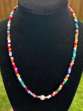 Handmade Multicolor Bead Necklace with freshwater Pearl Accent - Women Jewelry